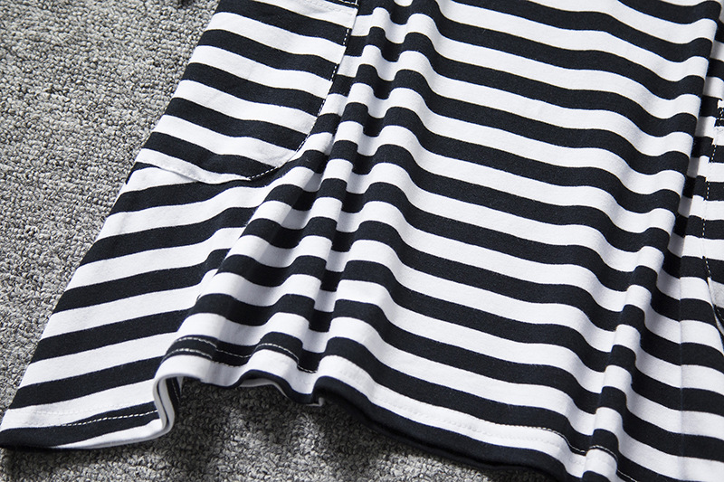 F68100 fashion big pocket  long sleeve black white striped family clothes dress